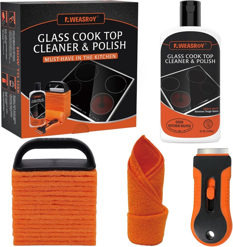 AWEASROY 20pcs Glass Stove Top Cleaner Kit - 12 oz Cooktop Cleaner Polish, Non-Abrasive No Scratch, Removes Tough Stains, Includes Scrubbing Pad, Scraper & Microfiber Cloth for Smooth Glass Surfaces - Image 1